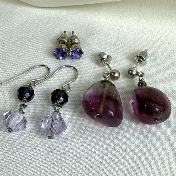 3 Pairs Purple Earrings Lot: Gemstone Bead, Crystal, Stud - Picture 1 of 5